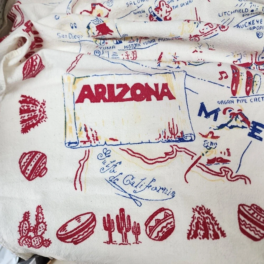 Vintage ARIZONA State Pictoral Map Souvenir Tablecloth Table Cover 42x48 1950's